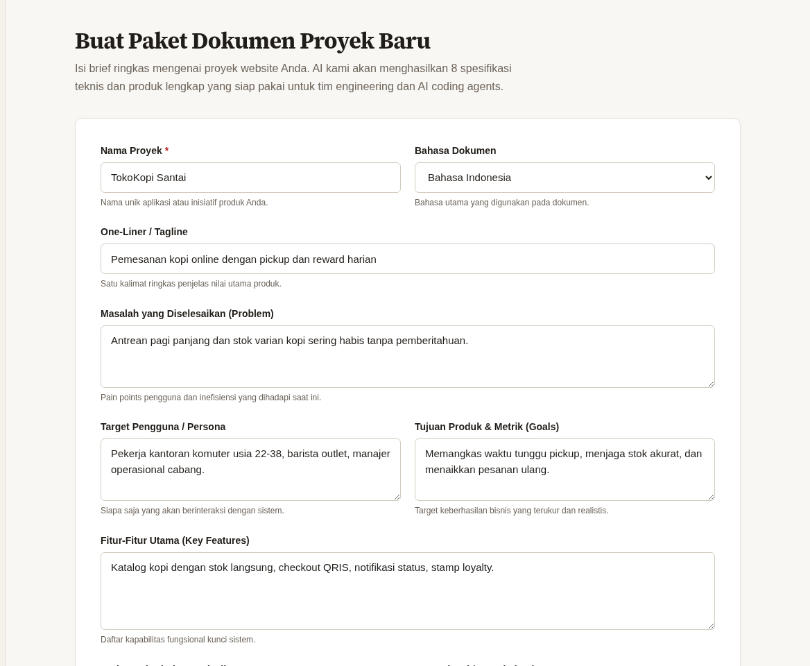 Formulir brief proyek di Studio BantuDocs